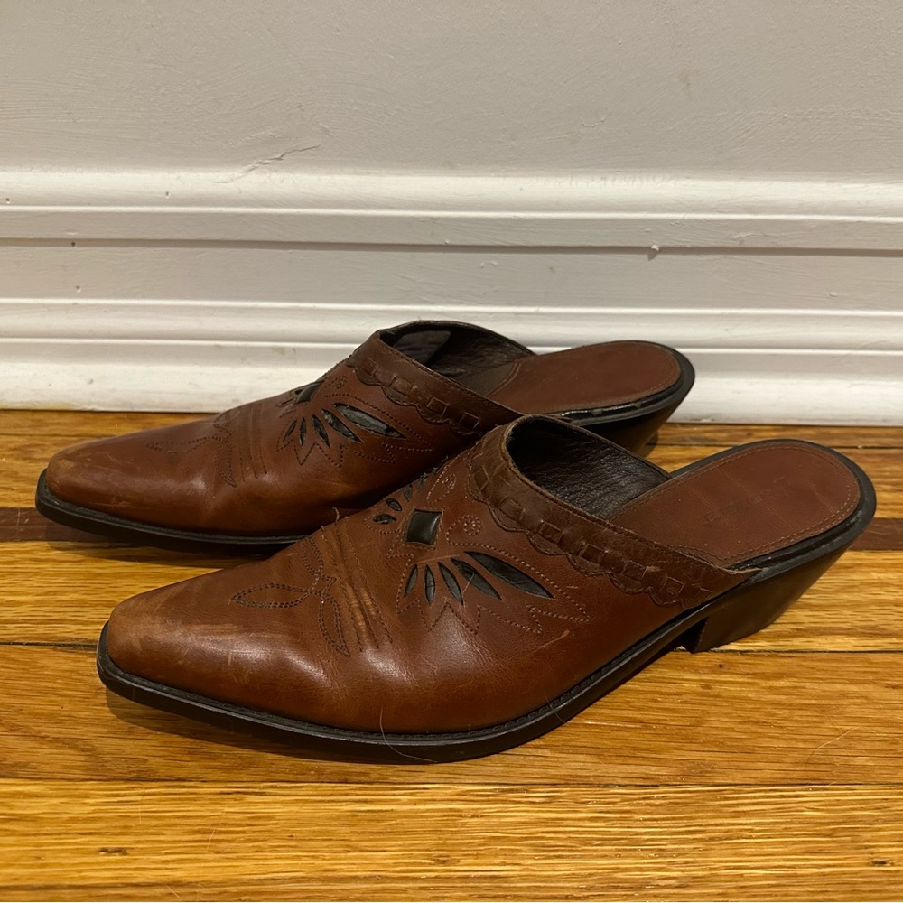Vintage brown leather western-style slip-on mules